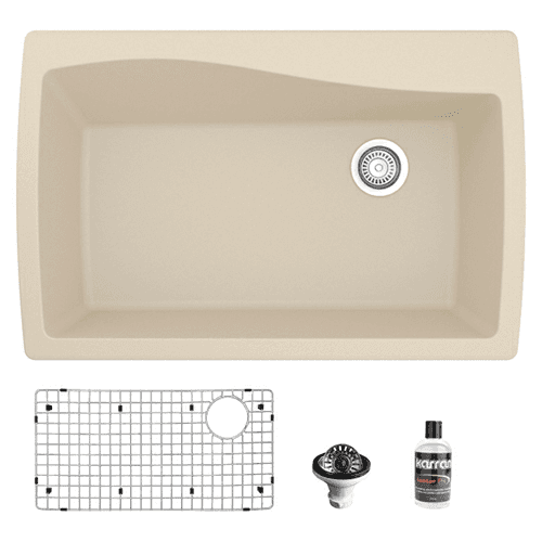 QT-722 Quartz Top Mount/Drop-In Large Single Bowl Kitchen Sink Kit, 34" x 22" x 9", Bisque