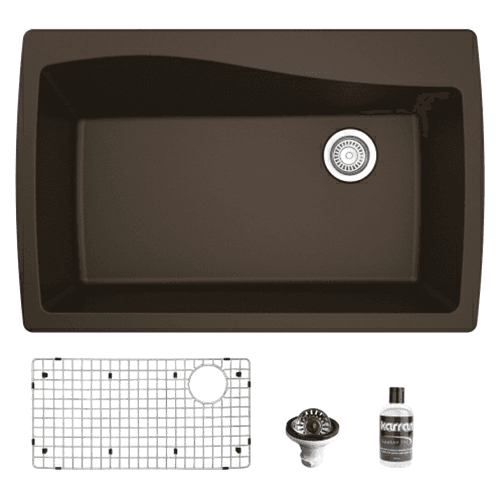 QT-722 Quartz Top Mount/Drop-In Large Single Bowl Kitchen Sink Kit, 34" x 22" x 9", Brown