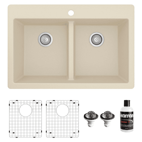 QT-810 Quartz Top Mount/Drop-In Double Equal Bowl Kitchen Sink Kit, 33" x 22" x 9", Bisque