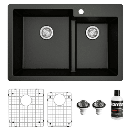 QT-811 Quartz Top Mount/Drop-In Large/Small Bowl Kitchen Sink Kit, 33" x 22" x 9", Black