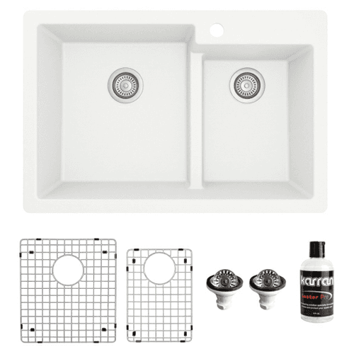 QT-811 Quartz Top Mount/Drop-In Large/Small Bowl Kitchen Sink Kit, 33" x 22" x 9", White