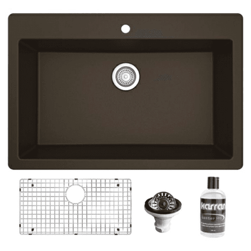 QT-812 Quartz Top Mount/Drop-In Large Single Bowl Kitchen Sink Kit, 33" x 22" x 9", Brown
