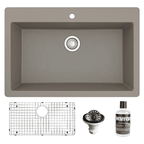 QT-812 Quartz Top Mount/Drop-In Large Single Bowl Kitchen Sink Kit, 33" x 22" x 9", Concrete