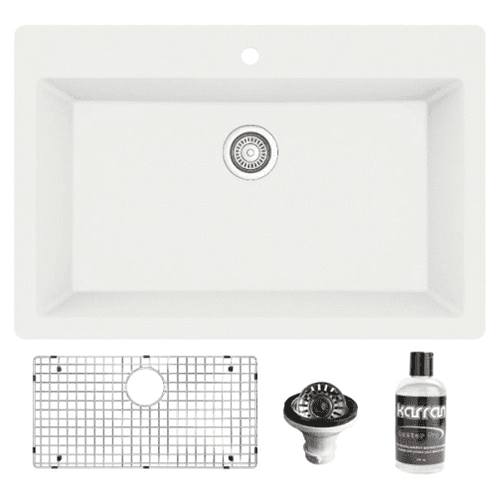 QT-812 Quartz Top Mount/Drop-In Large Single Bowl Kitchen Sink Kit, 33" x 22" x 9", White
