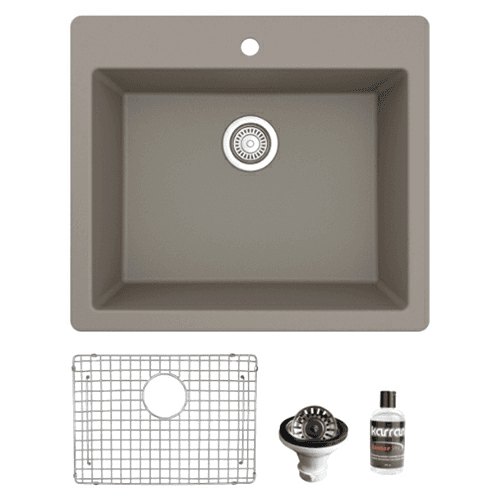 QT-820 Quartz Top Mount/Drop-In Single Bowl Kitchen Sink Kit, 25" x 22" x 9", Concrete