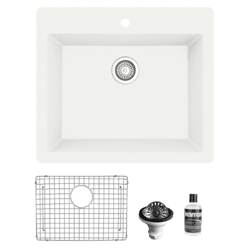 QT-820 Quartz Top Mount/Drop-In Single Bowl Kitchen Sink Kit, 25" x 22" x 9", White