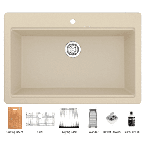 QTWS-875 Quartz Top Mount/Drop-In Large Single Bowl Workstation Kitchen Sink with Accessories, 33" x 22" x 9", Bisque