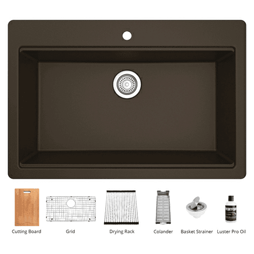 QTWS-875 Quartz Top Mount/Drop-In Large Single Bowl Workstation Kitchen Sink with Accessories, 33" x 22" x 9", Brown