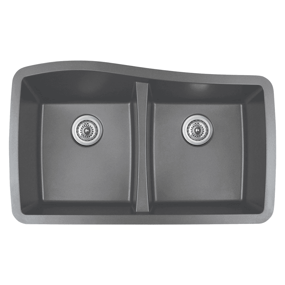 QU-720 Quartz Under Mount Double Equal Bowl Kitchen Sink, 33-1/2" x 20-5/8" x 9", Gray