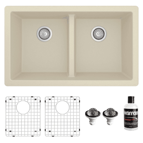 QU-810 Quartz Undermount Double Equal Bowl Kitchen Sink Kit, 32" x 19-1/2" x 9", Bisque