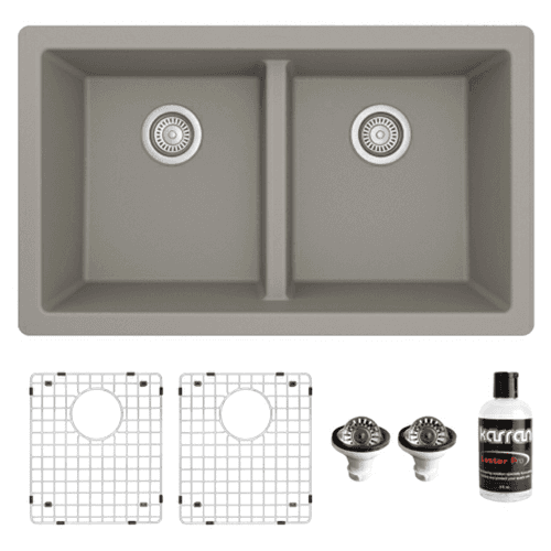 QU-810 Quartz Undermount Double Equal Bowl Kitchen Sink Kit, 32" x 19-1/2" x 9", Concrete