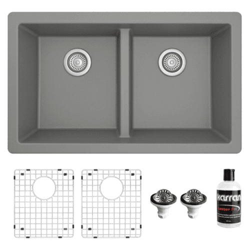 QU-810 Quartz Undermount Double Equal Bowl Kitchen Sink Kit, 32" x 19-1/2" x 9", Gray