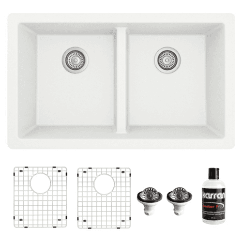 QU-810 Quartz Undermount Double Equal Bowl Kitchen Sink Kit, 32" x 19-1/2" x 9", White