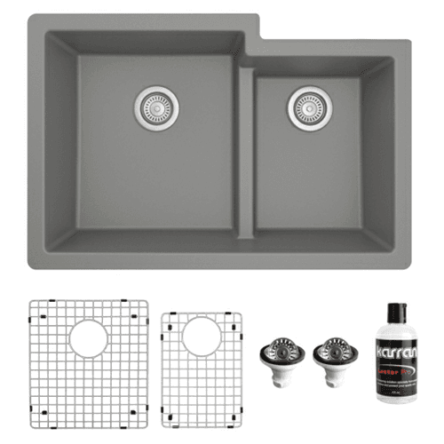 QU-811 Quartz Undermount Large/Small Bowl Kitchen Sink Kit, 32" x 21-1/4" x 9", Gray