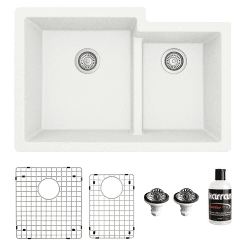 QU-811 Quartz Undermount Large/Small Bowl Kitchen Sink Kit, 32" x 21-1/4" x 9", White