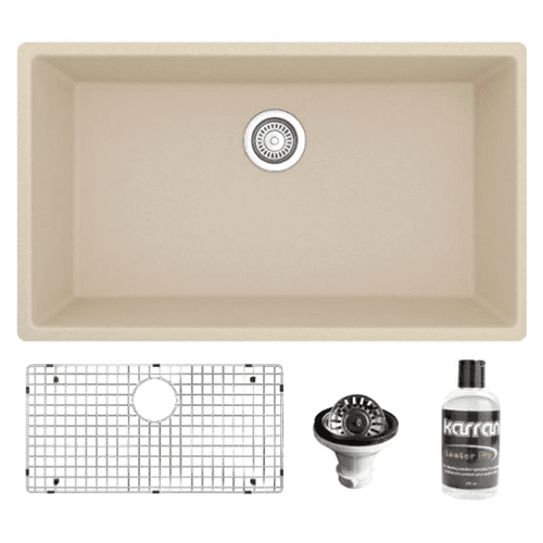 QU-812 Quartz Undermount Large Single Bowl Kitchen Sink Kit, 32-1/4" x 19-1/4" x 9", Bisque