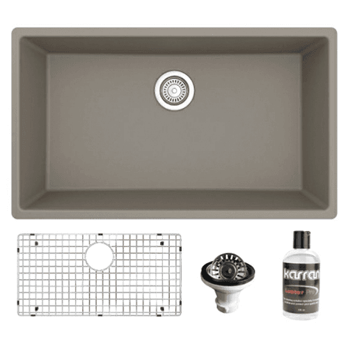 QU-812 Quartz Undermount Large Single Bowl Kitchen Sink Kit, 32-1/4" x 19-1/4" x 9", Concrete