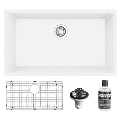 QU-812 Quartz Undermount Large Single Bowl Kitchen Sink Kit, 32-1/4" x 19-1/4" x 9", White