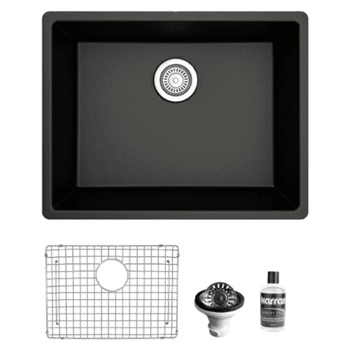 QU-820 Quartz Undermount Single Bowl Kitchen Sink Kit, 24-3/8" x 19-1/8" x 9", Black