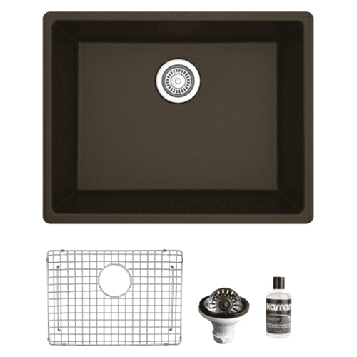 QU-820 Quartz Undermount Single Bowl Kitchen Sink Kit, 24-3/8" x 19-1/8" x 9", Brown
