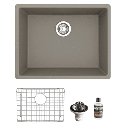 QU-820 Quartz Undermount Single Bowl Kitchen Sink Kit, 24-3/8" x 19-1/8" x 9", Concrete
