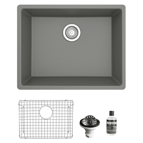QU-820 Quartz Undermount Single Bowl Kitchen Sink Kit, 24-3/8" x 19-1/8" x 9", Gray