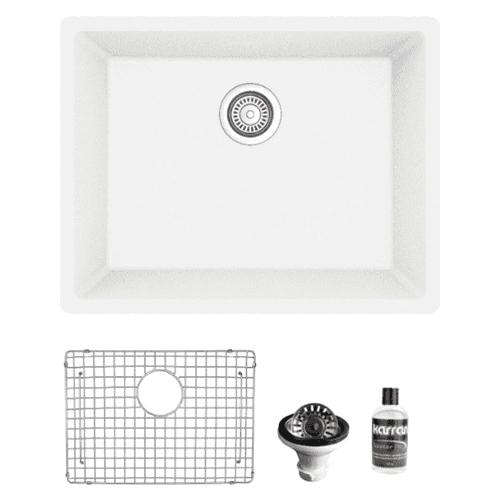 QU-820 Quartz Undermount Single Bowl Kitchen Sink Kit, 24-3/8" x 19-1/8" x 9", White