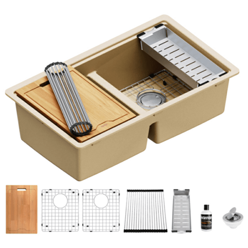Quartz Undermount Double Equal 50/50 Bowl Workstation Kitchen Sink Kit, 32-1/2" x 19-1/4" x 9", Bisque