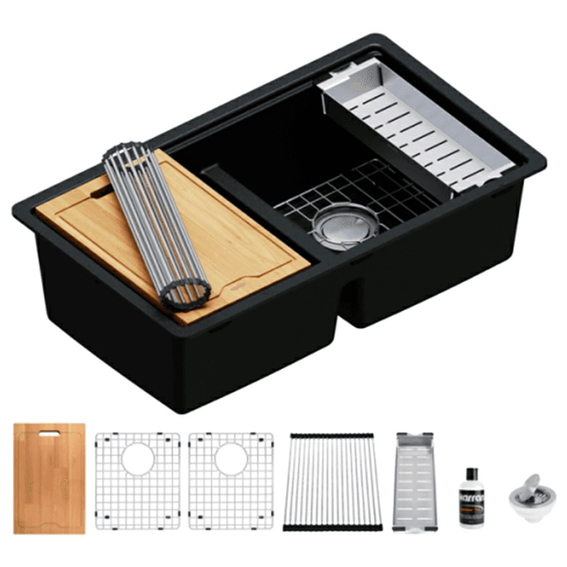 Quartz Undermount Double Equal 50/50 Bowl Workstation Kitchen Sink Kit, 32-1/2" x 19-1/4" x 9", Black