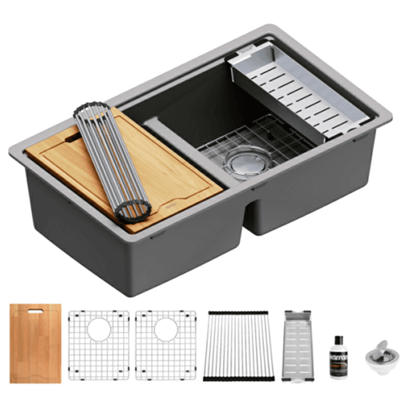Quartz Undermount Double Equal 50/50 Bowl Workstation Kitchen Sink Kit, 32-1/2" x 19-1/4" x 9", Concrete