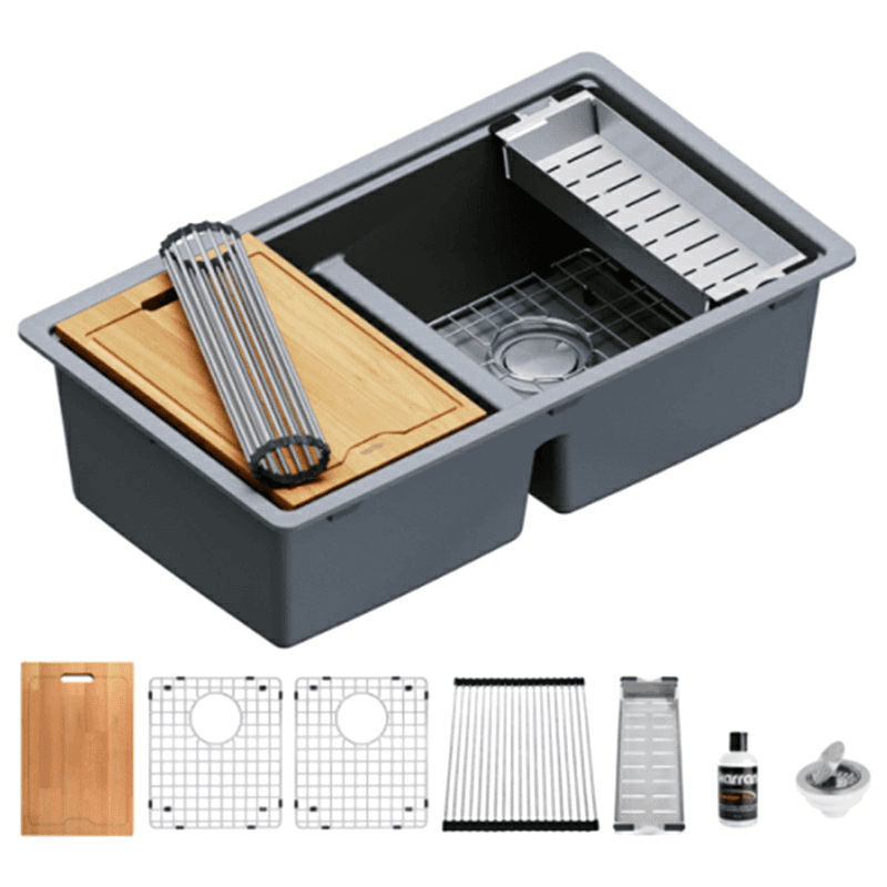 Quartz Undermount Double Equal 50/50 Bowl Workstation Kitchen Sink Kit, 32-1/2" x 19-1/4" x 9", Gray