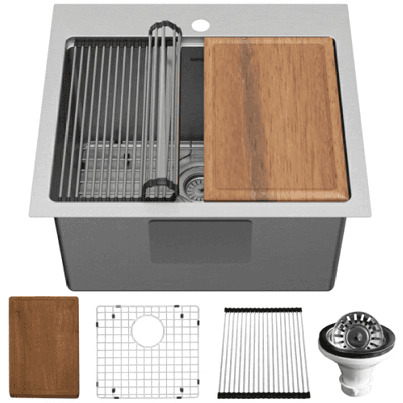 Elite Stainless Steel Top-Mount 16G Single Bowl Workstation Kitchen Sink Kit with Deeper Bowl, 25" x 22" x 14"