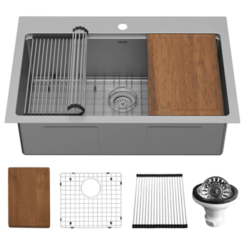 Elite Stainless Steel Top-Mount Single Bowl Workstation Kitchen Sink Kit, 33" x 22" x 10"
