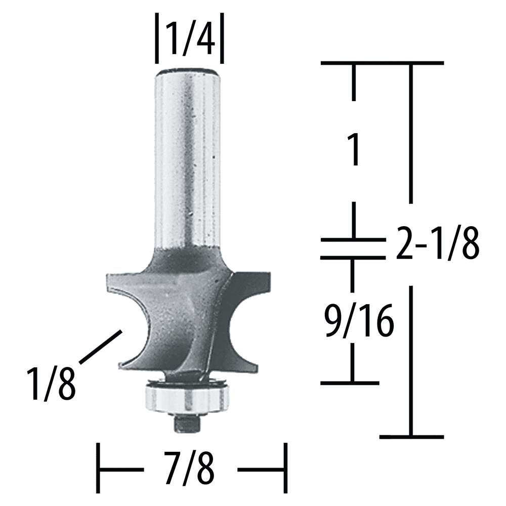 7/8" x 1/8" Radius Corner Bead Router Bit, 2 Flute, 1/4" Shank