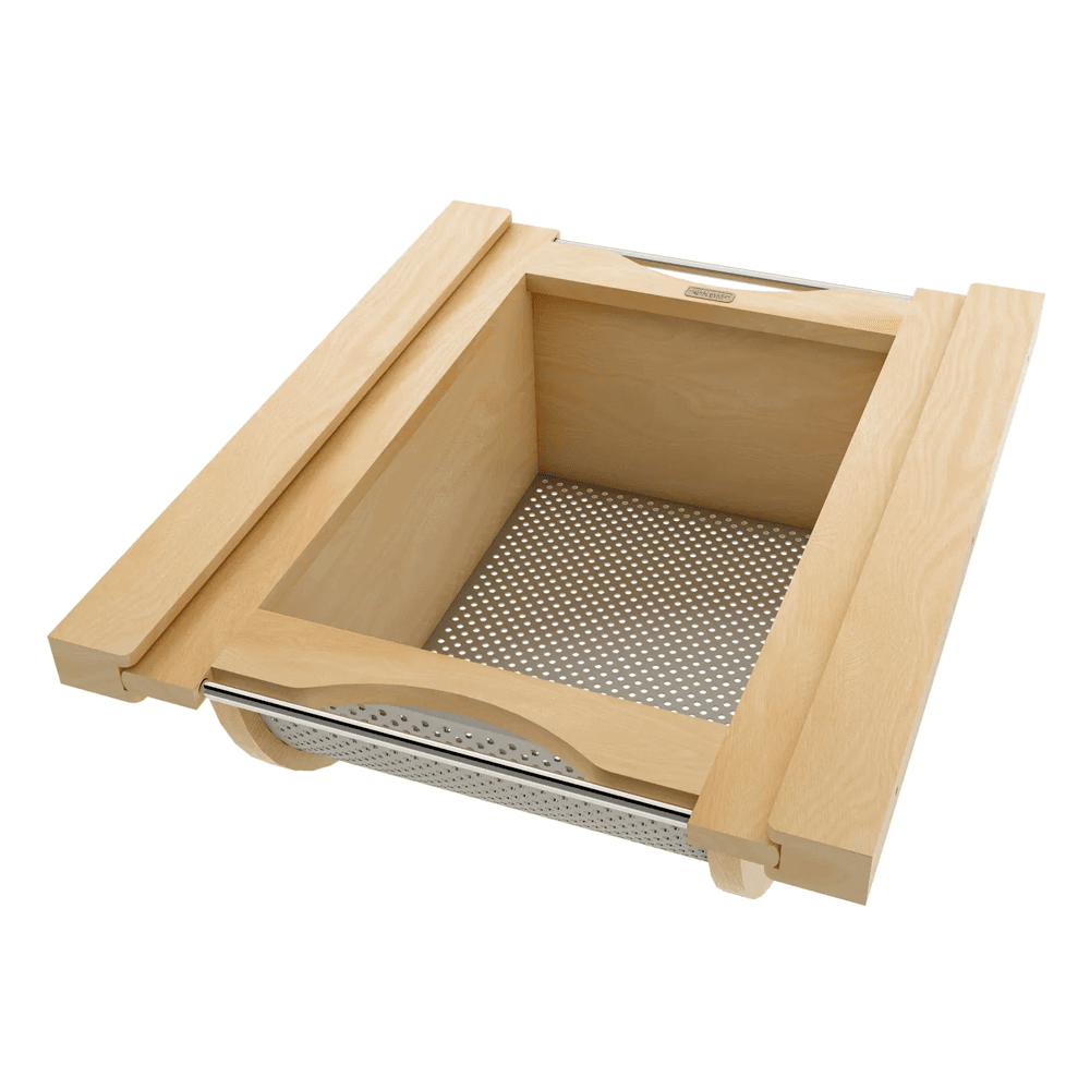 Produce Basket Pullout for 15" Base Cabinets, Blumotion Soft-Closing, Maple with Matt Black Accents
