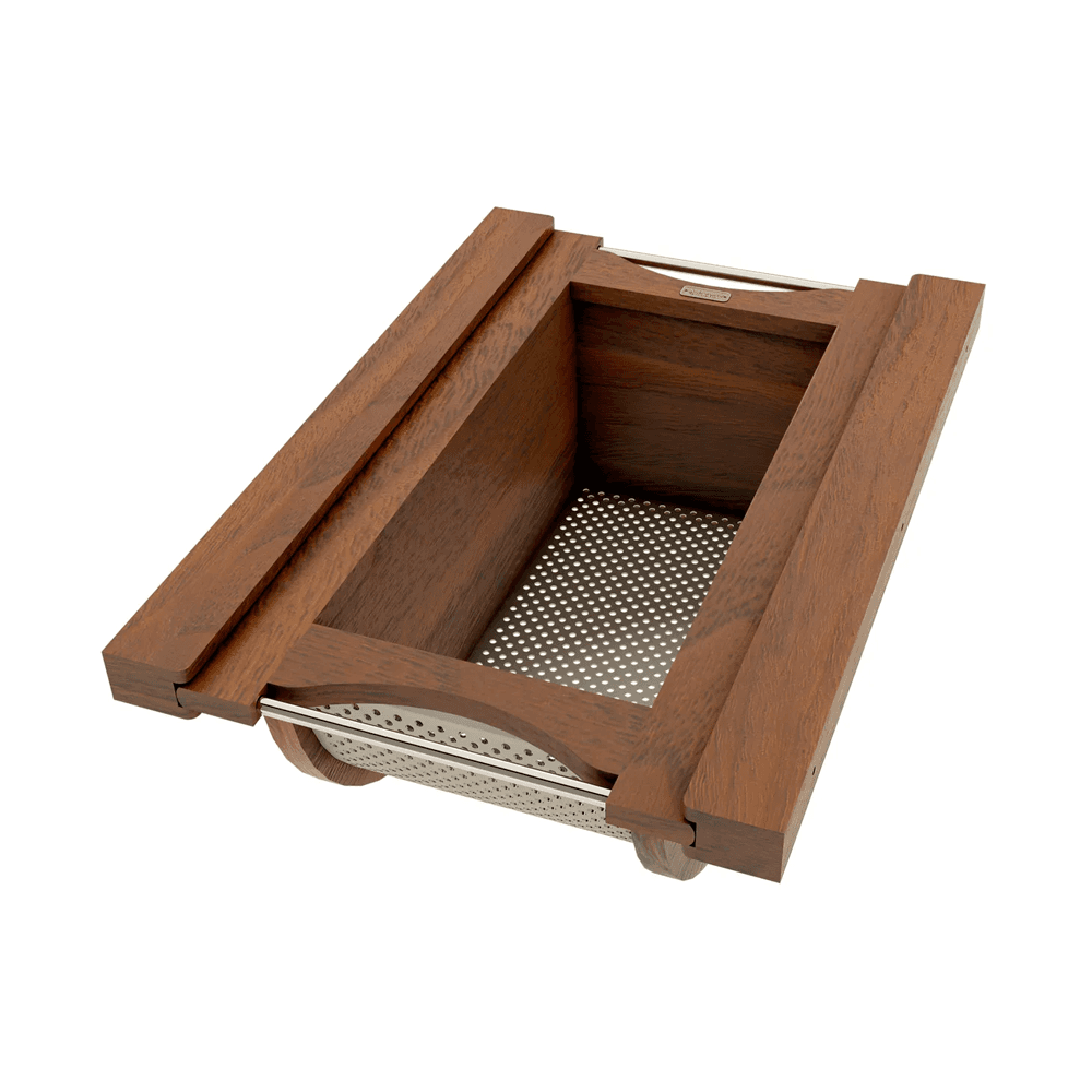 Produce Basket Pullout for 15" Base Cabinets, Blumotion Soft-Closing, Walnut with Stainless Steel Accents