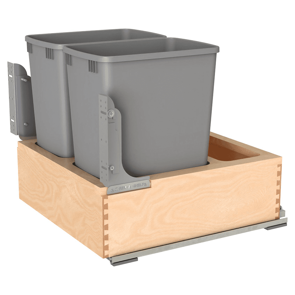 Double 32 QT Bottom Mount Waste Container Pullout with Rev-A-Motion for 20-31/32" Cabinet Opening, Clear Polyurethane