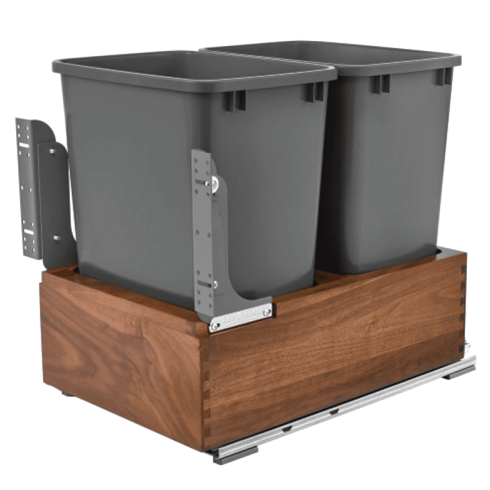 Double 35 QT Bottom-Mount Waste Container Pullout, Soft-Closing for 15" Cabinet Opening, Walnut