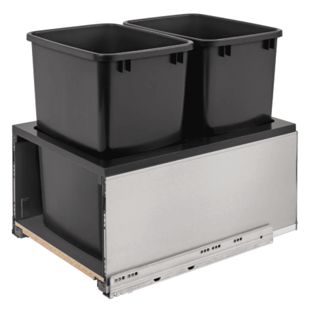 Double 35 QT Bottom-Mount LEGRABOX Pull Out Waste Container, BLUMOTION Soft-Closing, Black/Stainless Steel
