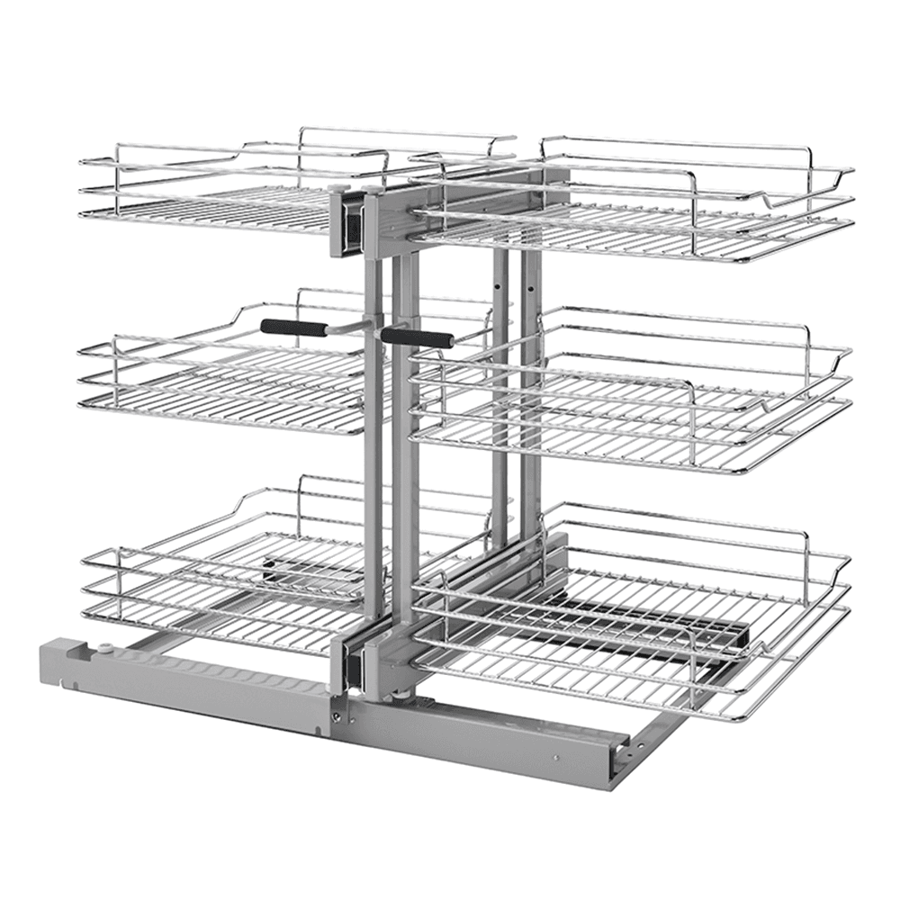 3-Tier Universal Blind Corner Optimizer with Soft-Closing for 15" Cabinet Opening, Chrome/Metallic Silver