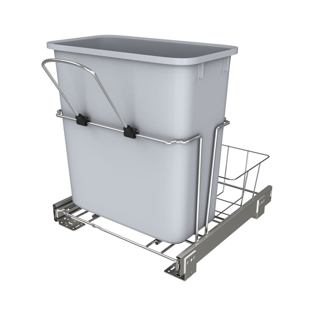Single 20 QT Bottom-Mount Waste Container Pullout w/Rear Basket Storage, for 18" Base Cabinets, Gray
