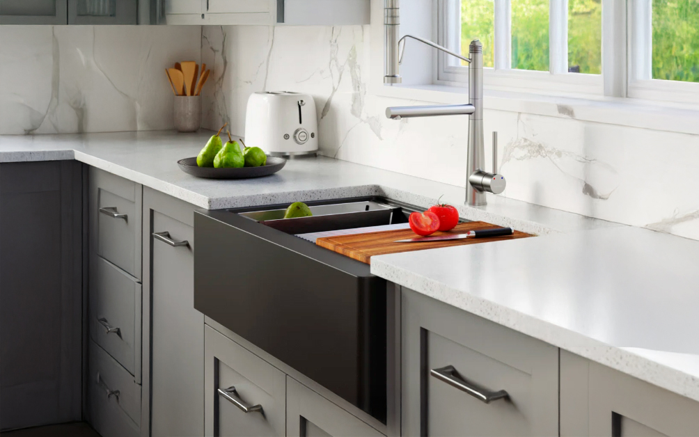 KarranQuartzWorkstation - Wurth Louis and Company Quartz vs Stainless Steel: Quartz QARWS Retrofit Farmhouse/Apron Front Large Single Bowl Workstation Kitchen Sink, 34" x 21-1/4" x 9", Black