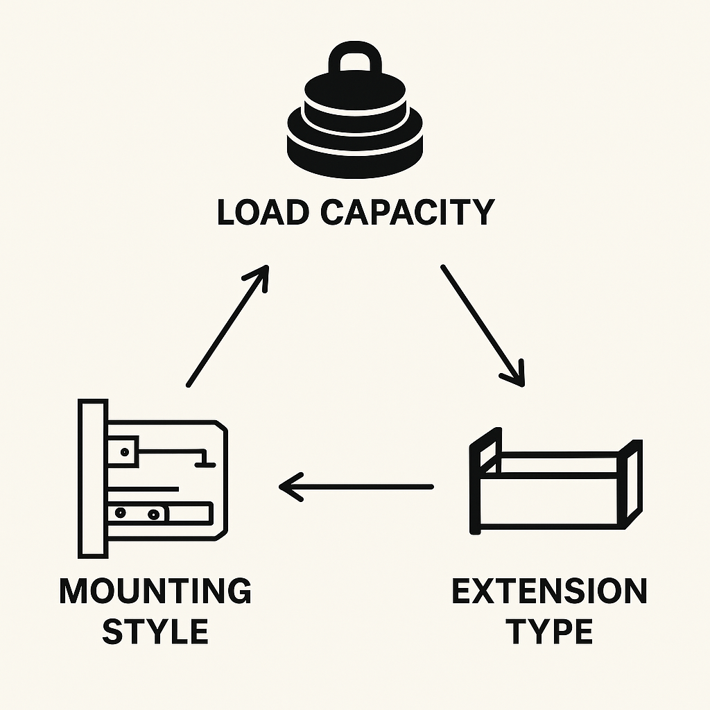 drawer-slide-key-selection-factors - Wurth Louis and Company Infographic of three key drawer slide selection factors: load, mount type, and extension