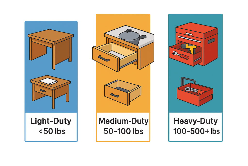 drawer-slide-load-capacity-chart - Wurth Louis and Company Bar chart comparing drawer slide load ranges for light, medium, and heavy-duty uses