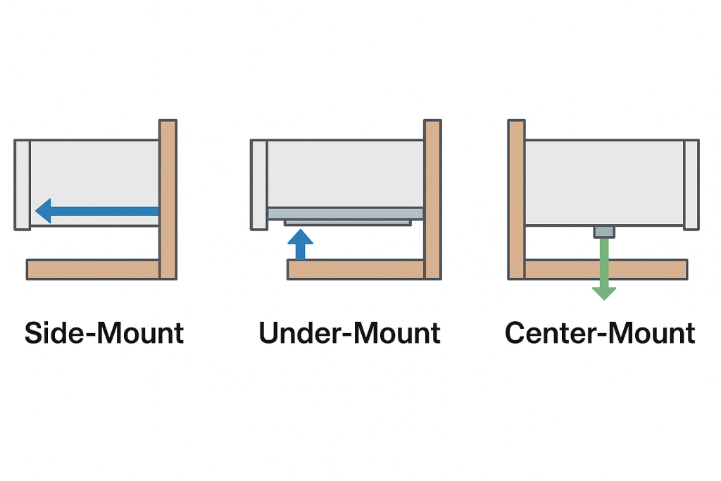 drawer-slide-mount-type-comparison - Wurth Louis and Company Side-by-side diagram of side-mount, under-mount, and center-mount drawer slide installations