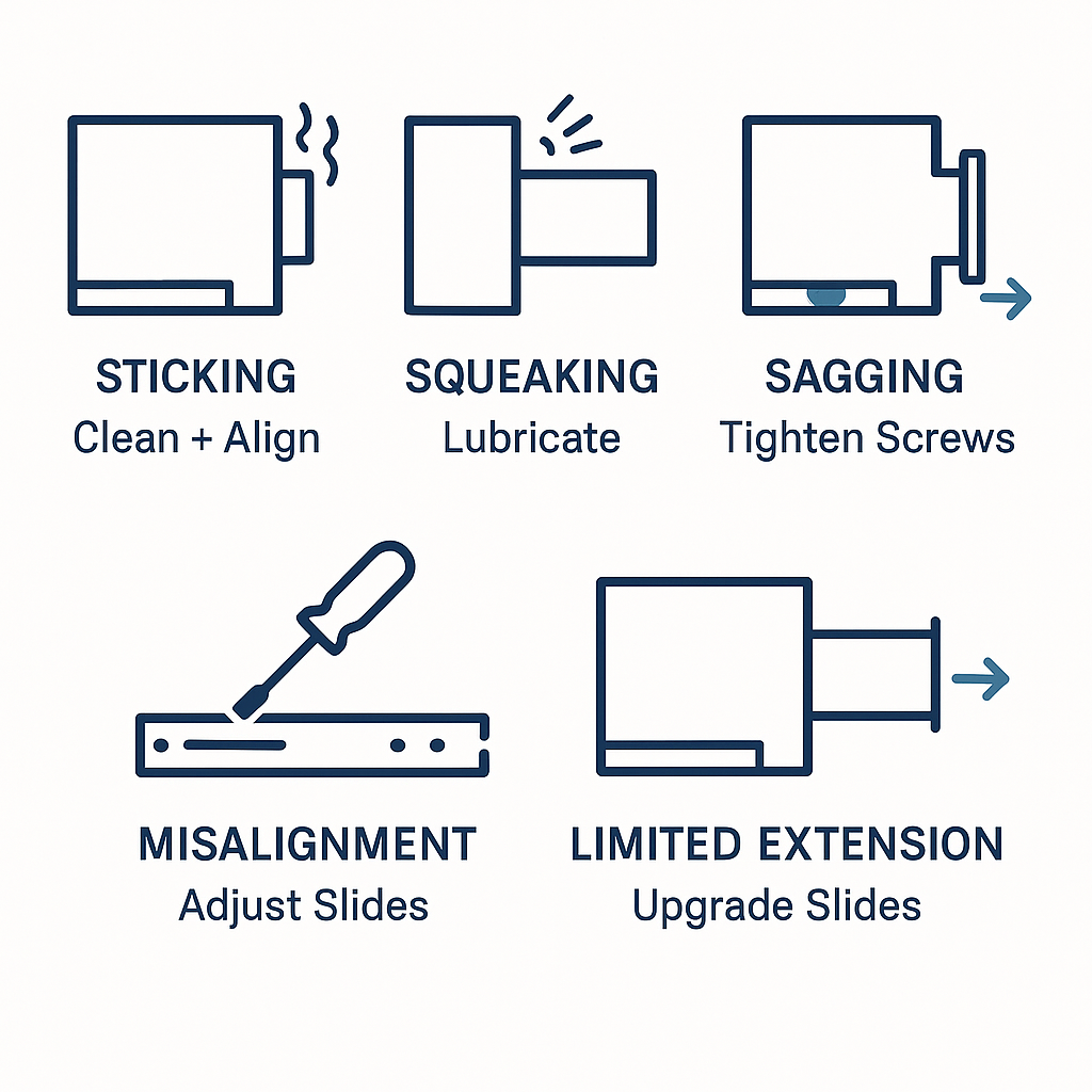 Icons showing common drawer issues like sticking, squeaking, and sagging with repair steps