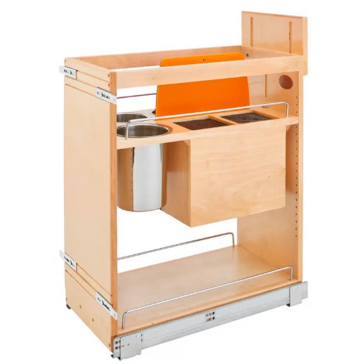 11" Pullout Wood Base Cabinet Organizer with Knife Block, Utensil Bins and BLUMOTION Soft-Close Slides
