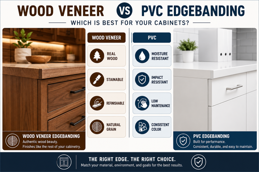 Wood Veneer vs PVC Edgebanding Comparison - Wurth Louis and Company Comparison of wood veneer and PVC edgebanding on custom cabinets