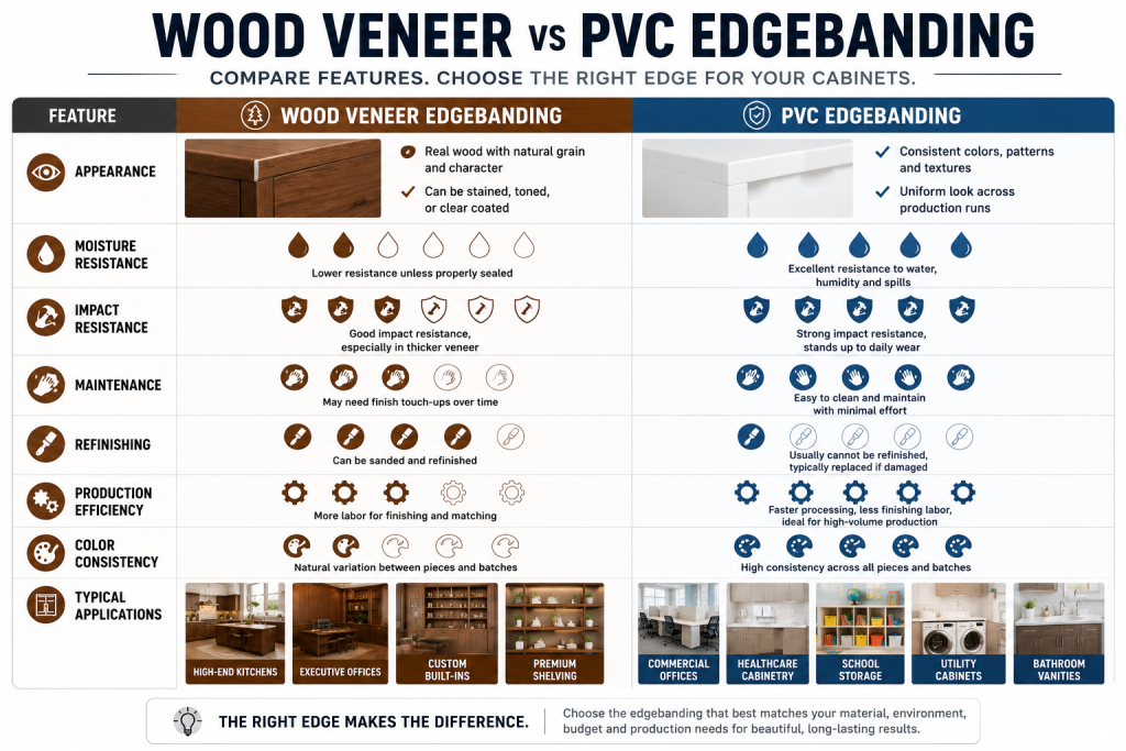 Wood Veneer vs PVC Edgebanding Feature Comparison - Wurth Louis and Company Wood Veneer vs PVC Edgebanding Features Comparison