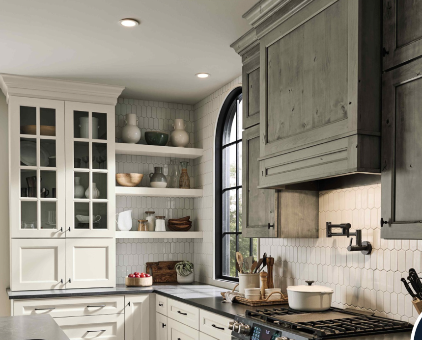 lifestyle_image_of_a_rustic_wood_range_hood_and_open_shelf_display - Wurth Louis and Company
